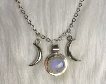 Rainbow Moonstone Triple Goddess Moon necklace (Made to order)