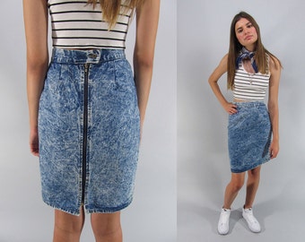 Vintage 80s Acid Wash Denim Skirt, Denim Pencil Skirt, High-Waist Skirt, Jean Skirt, Zipper Denim Skirt, Mini Skirt Δ size: xs