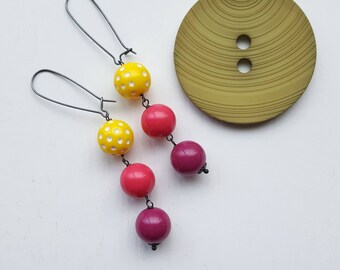jawbreaker earrings - polka dots, bright earrings, magenta, fuchsia, hot pink - vintage beads, lucite, sterling silver, long