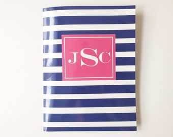 Personalized Folder, Navy Stripes and Pink Box