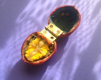 Folk art Beeswax Wax Baby Jesus in a Walnut Shell