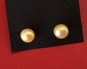 Pale Butter Yellow 8mm Cultured Genuine Pearl Stud Earrings With Sturdy 925 Posts and Stainless Steel Backs