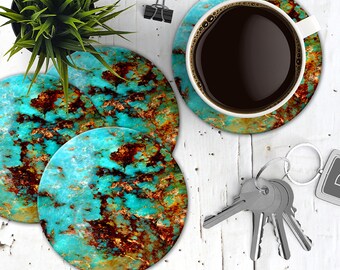 Turquoise Stone Coasters, Set of 4 Cork Back Faux Turquoise Coasters, Boho Turquoise Stone Coaster Set