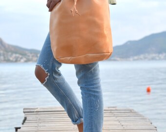 Bucket Bag, Leather Handbag, Bucket Handbag with drawstring, Shoulder Bag, Genuine Leather Bag, Handmade in Greece