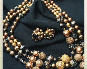 Vintage Marked JAPAN Black and Gold Multi-Strand Necklace with Matching Earrings