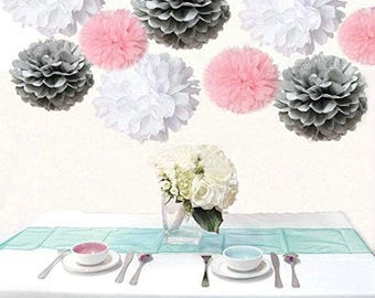 18pcs Mixed Pink Gray White Tissue Pom Poms Flower Ball Girl Baby Shower Party Nursery Hanging Wedding Decoration