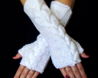 Fingerless Gloves Wrist Warmers Snow White Cabled , Extra Long and Soft
