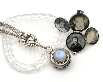 Antique Silver Photo Locket Necklace, Rainbow Moonstone Necklace, 4 Picture Locket, Moonstone Pendant, 4 Photo Locket Gift, Wife, Girlfriend