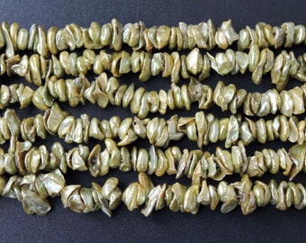 Center Drilled yellow Green Keishi Freshwater Pearls - 15 Inch Strand