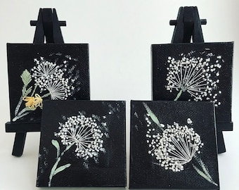 Floating Dandelions Set || Miniature Canvas Art || Hand Embroidery on Painting || Black & White Home Decor