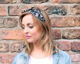Black headband, floral headband, rockabilly headband, topknot headband, vintage headband, retro headband, boho headband, gift for her