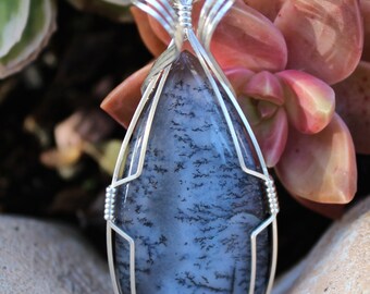 Dendrite Agate Stone Pendant, Dendrite Opal Pendant, Sterling Silver Wire Wrapped Pendant, Dendrite Pendant, Handmade Stone Jewelry Necklace