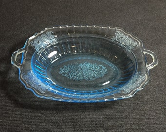Vintage Hocking Glass - Mayfair Open Rose Blue Depressionware - Serving Dish with Handles - Vintage Blue Depression Ware