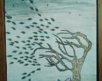 Heart character holding onto tree that is blowing in the wind