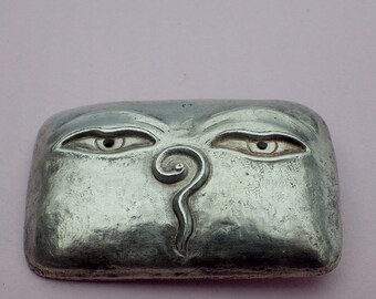 Silver brooch Buddha eyes ~ vintage 1990s, namaste, Buddhist, Nepal, spiritual