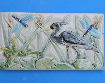 Great Blue Heron, Dragonflies and a Frog, Subway Tile, Arts and Crafts, Mission Style