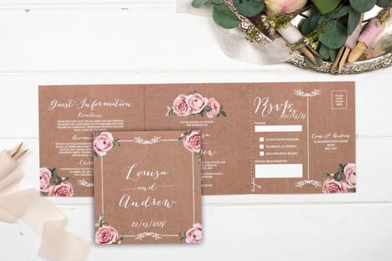 Vintage Wedding Invitation - Double-Folded Kraft Floral Framed (landscape)