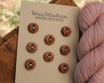 SALE! 8 Wooden Ladybug Buttons- Red Cedar Wood- Wooden Buttons- Eco Craft Supplies, Eco Knitting Supplies, Eco Sewing Supplies