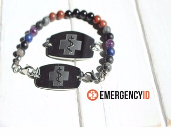 Bracelet médical interchangeable - All Stainless Steel- Medical Alert Bracelet- Pierres semi-précieuses- Id Medical tag - Men -Women