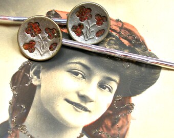 Antique BUTTON silver bobby pins, Victorian perfume buttons on hair grips, hair slides.