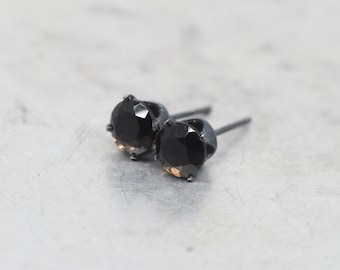 Smoky Brown Quartz Stud Earrings - Black Oxidized Sterling Silver Ear - 6mm round | Mens Womens | Spring Gemstone Gift | Single or Pair