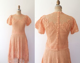 vintage crochet dress / peach lace dress / Milena Cotton Crochet dress