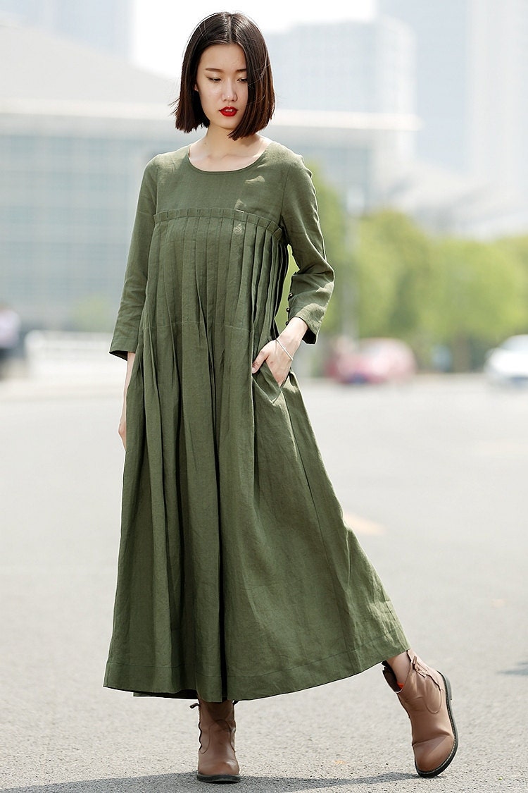 Green Linen Dress linen dress Casual dress Pleated dress
