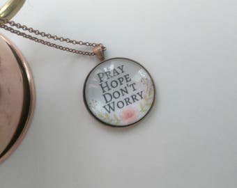 Pray Hope Don't Worry Padre Pio Pendant Necklace Large Glass Cabochon Christian Gift