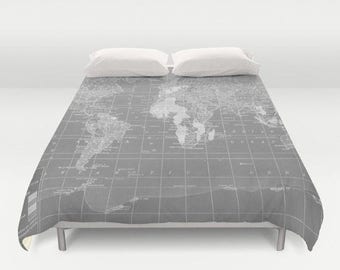 gray world map duvet cover comforter bed bedroom travel decor cozy soft gray pure grey winter warm wanderlust