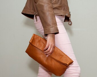 Sale!!! Brown Leather clutch Foldover Clutch purse Leather evening bag Fold over purse bag Small handbag leather Women's gift