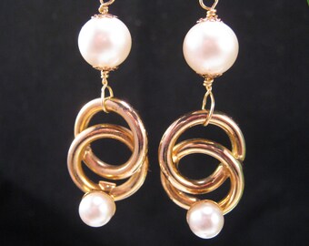 Wedding Earrings, Upcycled Vintage, White,Pearl, Gold, Pierced, Reclaimed, Jennifer Jones, Under 35, Coupon Code, OOAK, Double Ring Ceremony