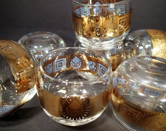 Georges Briard Roly Poly Mid Century barware, small roly poly embossed gold design, Mad Men, Hollywood Regency