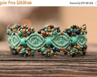 SALE Micro-Macrame Beaded Cuff Bracelet - Turquoise Blue Picasso