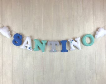 Felt name banner - baby decor - name banner - clouds - nursery decor - personalized name banner - custom name banner - nursery garland