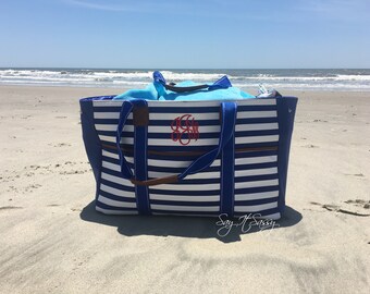 Beach Bag -Large Striped Beach Bag - Monogram Beach Bag- Canvas Summer Tote Bag - Monogrammed Beach Tote- Pool Tote- Pool Bag- Monogram Tote