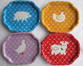 Vintage Colorful Country Farm Animal Trays made in Hong Kong Cow Chicken Pig Duck
