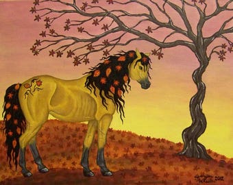 ACEO mini art card print Autumn Horse, fall leaves