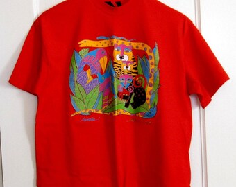Vintage Laurel Burch Tee Shirt Animalia & Fantastic Felines on 1 Shirt, Cotton One Size New