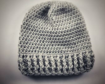 Slouch Beanie W/ Ribbed Border Grey