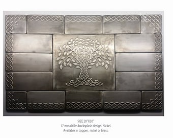 metal backsplash, metal tiles, nickel wall, copper or brass, celtic tree of life, 30''x20'' total size
