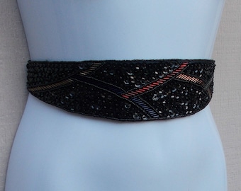 Vintage 80s Beaded black Obi Belt // 28" 29" 30" Waist