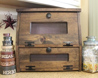 Farmhouse Bread Box Vegetable or Potato Bin Rustic Wood Storage Primitive Wooden Cupboard Onion Potatoes Country Kitchen Counter top