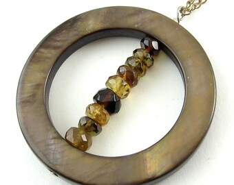 Mocha Mother-of-Pearl Circle & Citrine, Yellow Quartz Beads Pendant - G.F. Necklace