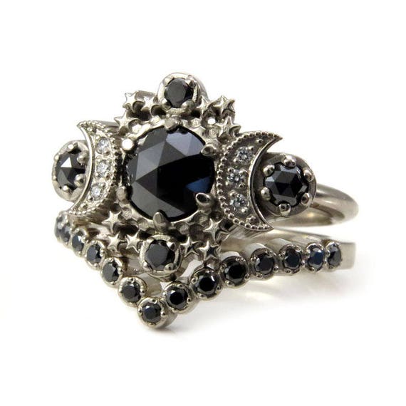 Black Diamond Gothic Moon Engagement Ring with Pave Diamond Chevron Wedding Band