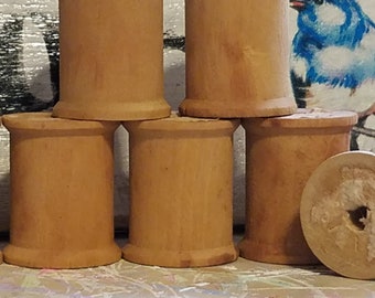 seven grubby stained vintage primitive regular wooden wood spools thread sewing room decor display empty craft supply art prim coffee stain