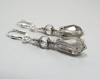 Smokey Gray Earrings, Crystal Teardrop Earrings, Gray Earrings, Silver Plated, Vintage Style, Womens Gift, Lever Back Hook