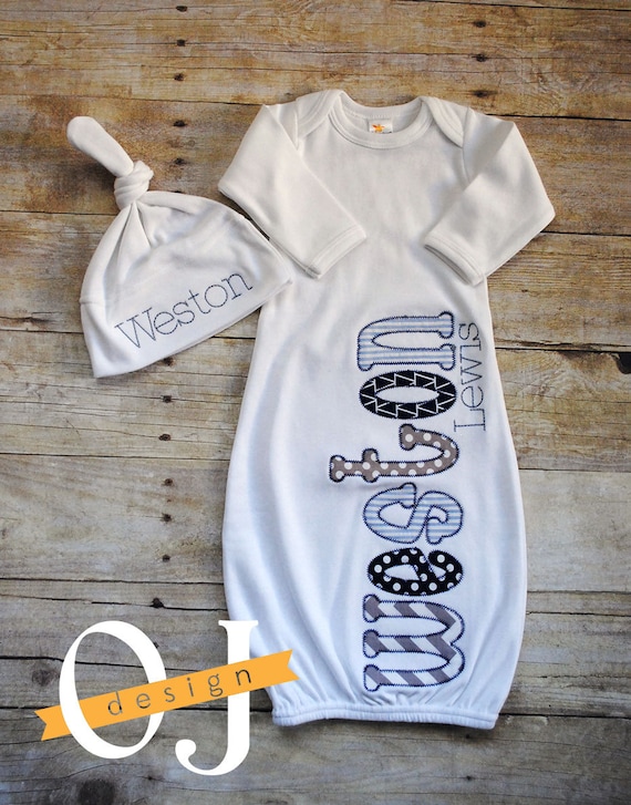 Personalized Baby Boy Newborn Tie Hat and Gown Name Boy