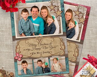 Shabby Chic Christmas Photo Card - 4 Photo layout -Rustic Merry Christmas - Custom & Personalized