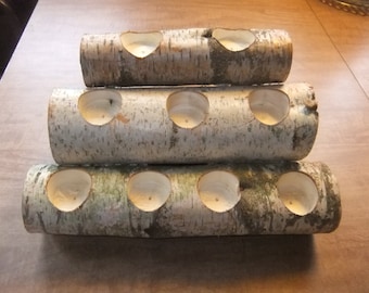 Birch Wood Fireplace Logs 9 Tea Light Candle Holder Rustic Cabin/Mantle Decor