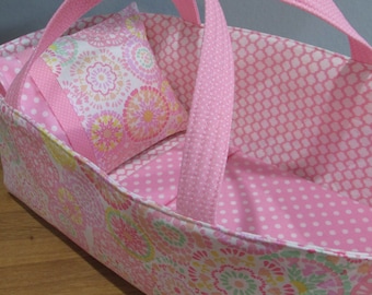 Doll Carrier, Will Fit Bitty Baby and Wellie Wisher Dolls, Soft Pink Circles with Flowers, Pink Lining, 16 Inches Long, Doll Basket